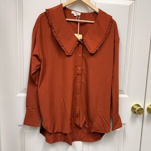 New Entro Ruffle Edge Peter Pan Collar Button Up Top in Cinnamon Various Sizes